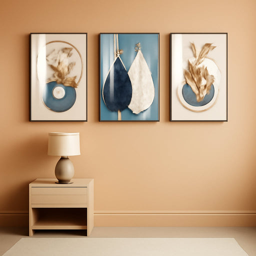 Abstract Modern Minimalist Natural Framed Decorative Painting - Large Size Wall Art Set of 3 Wall Decor for Living Room, Bedroom, Dining Room, Office, Etc. (Blue, 20 "X 28" X 3 Pieces)