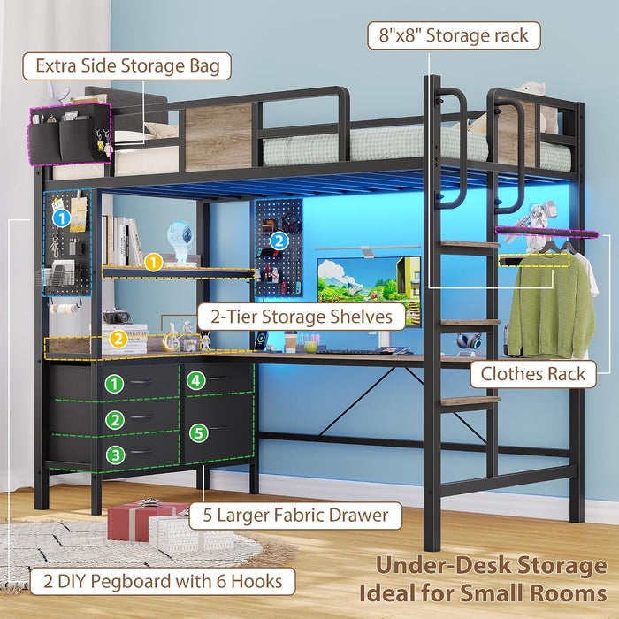 Twin Loft Bed with Desk and 5 Storage Drawers,Loft Bed Twin Size with LED Lights and Charging Station, Metal Bunk Bed Frame with Ladder, Clothes Rail,Noise Free,Oak Gray