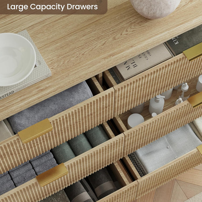 Fluted 6 Drawer Dresser,49.6'' Modern Wooden Dresser with Drawers, Curved Deep Drawer TV Stand, Natural Wood Chest of Drawers for Bedroom,Living Room, Hallway (Oak)