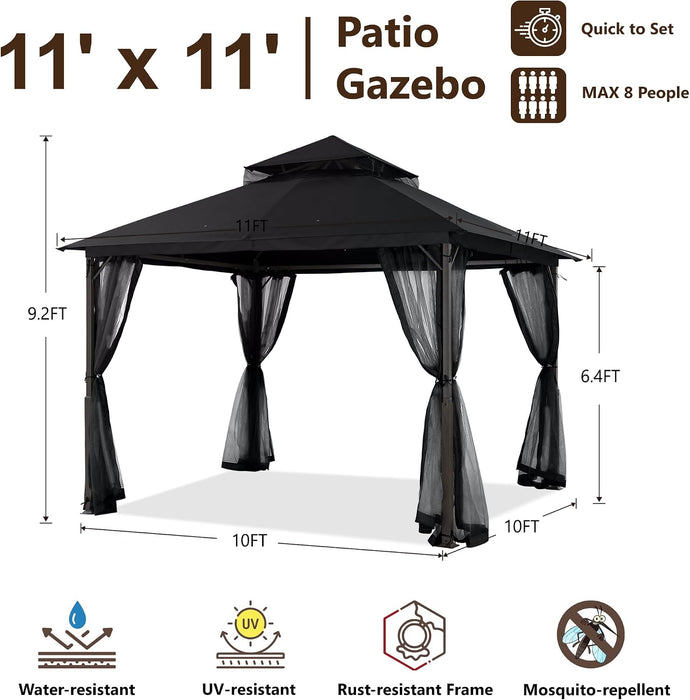 Outdoor Patio Gazebo with Double Roofs, Stable Steel Frame and Mosquito Netting (11X11,Black)