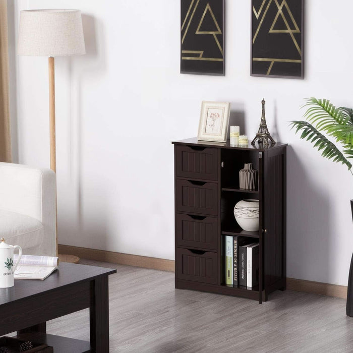 Wooden Bathroom Floor Cabinet, Side Storage Organizer Cabinet with 4 Drawers and 1 Cupboard, Freestanding Entryway Storage Unit Console Table, Home Decor Furniture, Brown