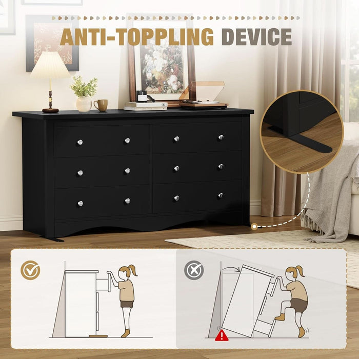 Glossy Black 52 Inch Six Drawer Dresser for Modern Storage Glossy Black 52 Inch Six Drawer Dresser for Modern Storage