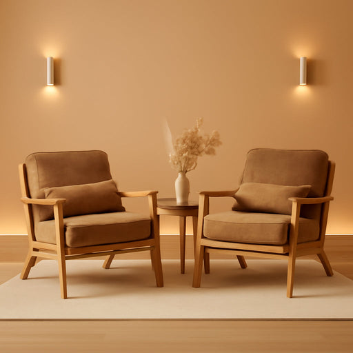 Solid Wood Wide Armrests Accent Chair Set of 2,Upholstered Mid Century Modern Chair with Pillow,Farmhouse Arm Chair Comfy Reading Chair,Chairs Living Room,Bedroom,Guest Room,Suede,Rustic