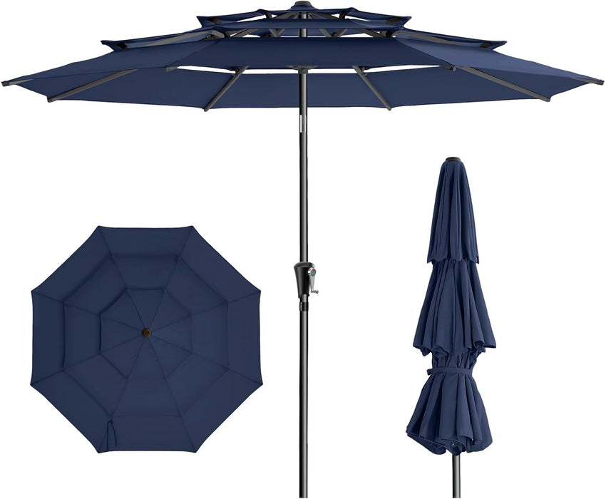 9FT 3-Tiers Outdoor Patio Umbrella with 5-Year Fade Resistant,Vented Outdoor Commercial Market Umbrella with UPF50+ UV Protection & Push Button Tilt and Crank for Pool,Backyard(Navy Blue)
