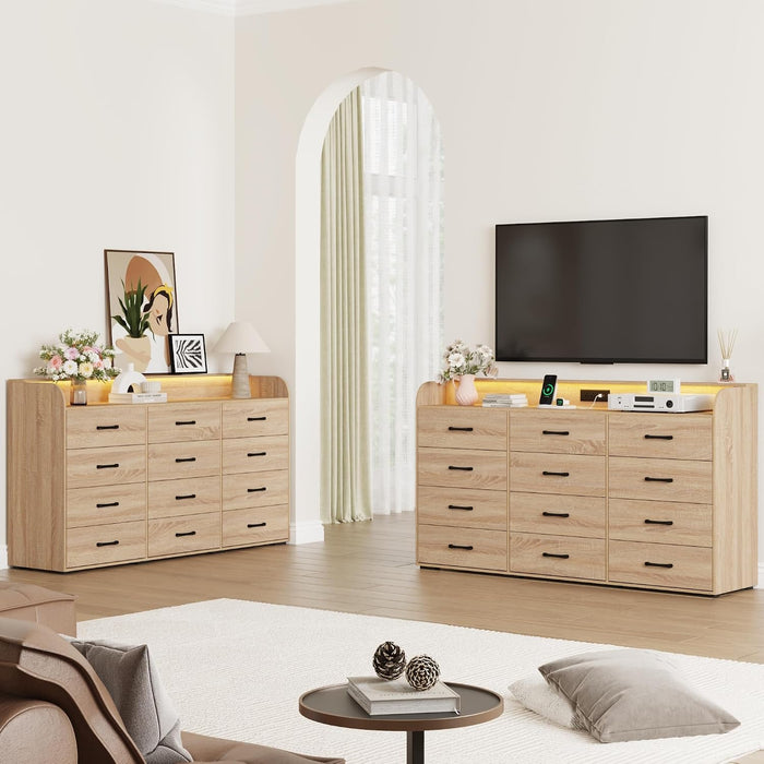 12 Drawers Dresser for Bedroom, 63" Wood Dresser with Power Outlet, LED Lights and Deep Drawers, Wide Chest of Drawers, Modern Minimalist Closet Dressers for Kids Bedroom, Living Room, Nursery, Oak