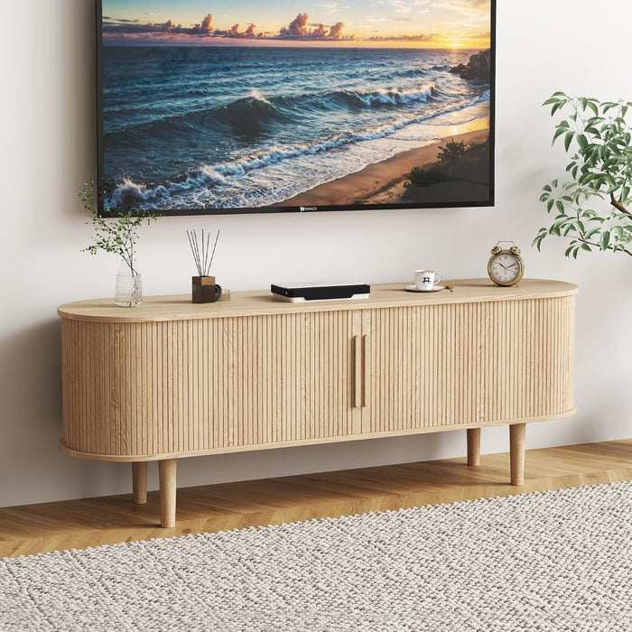 TV Stand, Media Console Table with Sliding Door and Storage Compartment, Modern Entertainment Center with Storage for Living Room, Bedroom, Home Office (Natural)