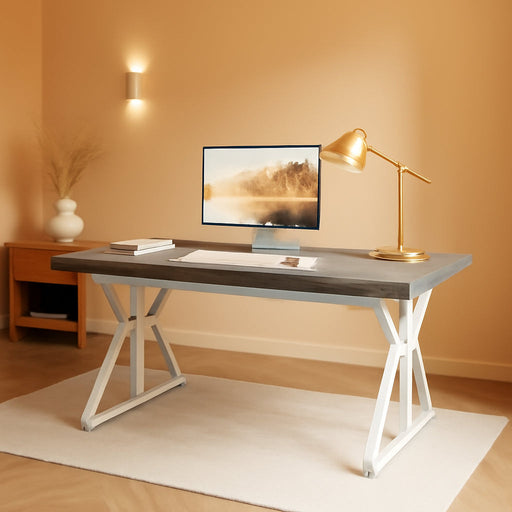 70.8-Inch Large Executive Desk, Modern Computer Office Desk, Wooden Writing Desk Study Table for Home Office, Grey-White