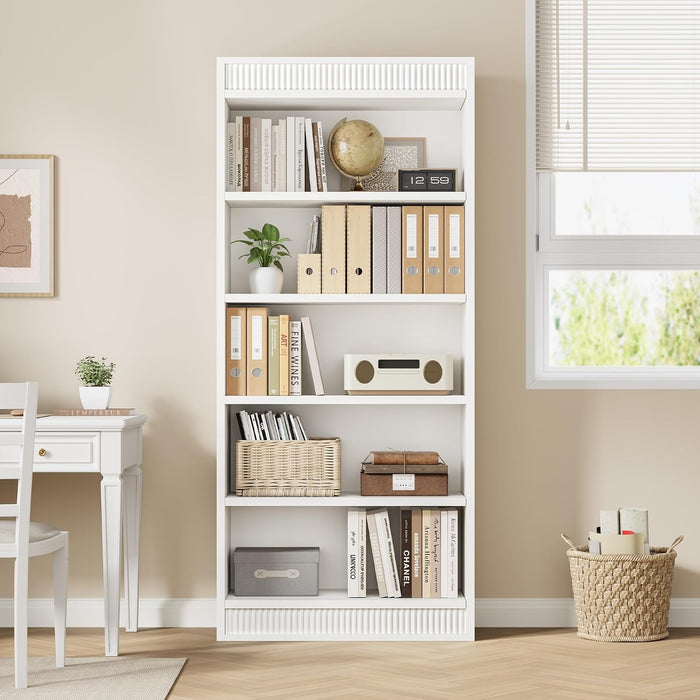 71 in Farmhouse Bookcase W/Double Fluted Design, 5 Tier Tall Bookshelf with Wooden Base, Wooden Bookshelf Rustic Vintage Book Shelf for Office Library (White, 70.8" H X 30" W X 11.9" D)