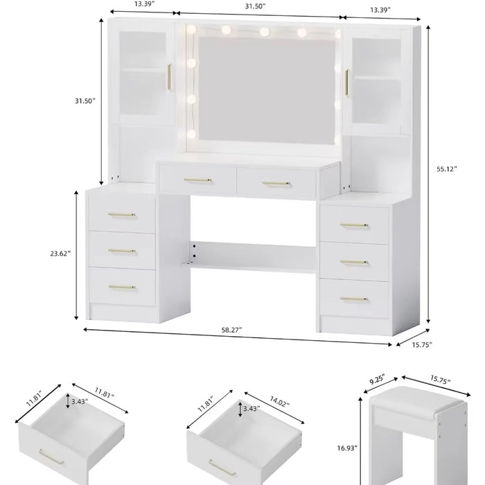 58.3" Large Vanity Desk with Mirror & Lights, Makeup Vanity with 10 LED Lights, 8 Metal Sliding Drawers & 2 Cabinets,