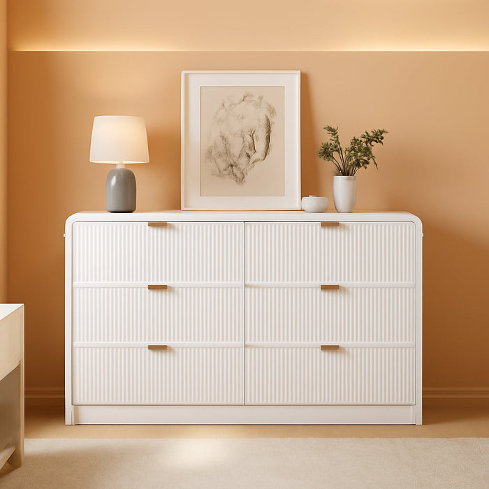 Fluted 6-Drawer Dresser 54-Inches White Solid-Wood Storage