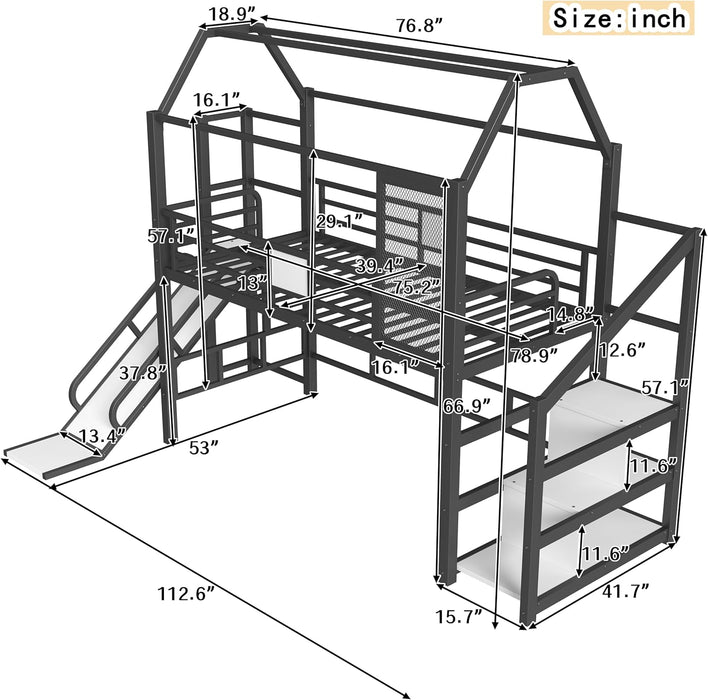 Twin Loft Bed With Slide Black PlayhouseStorageSystem