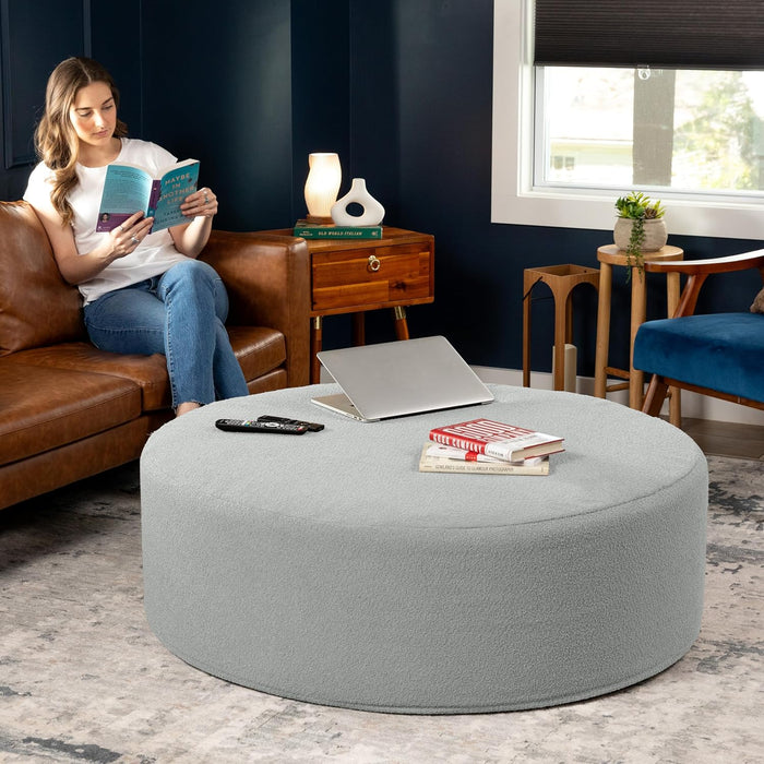 Candler round Couch Ottoman – Oversized Giant Coffee Table Ottoman - Versatile Firm Foam Construction - Kid Safe with Removable Cover, 44”, Luxe Boucle, Boucle Silver