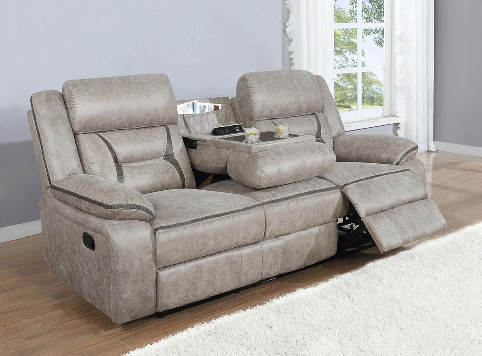 Home Furnishings - Greer - Fabric - Upholstered Motion Reclining Sofa with Drop-Down Console Stainless Steel Cupholders - Living Room - 30-Inch - Taupe - 651351