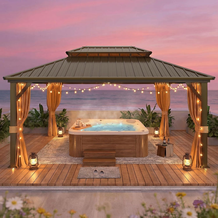12X16FT Hardtop Gazebo, Outdoor Pergolas with Mosquito Netting and Curtains, Double Galvanized Steel Roof Permanent Aluminum Gazebo W/Sturdy Hooks for Patio, Deck, Backyard, Lawn, and Garden