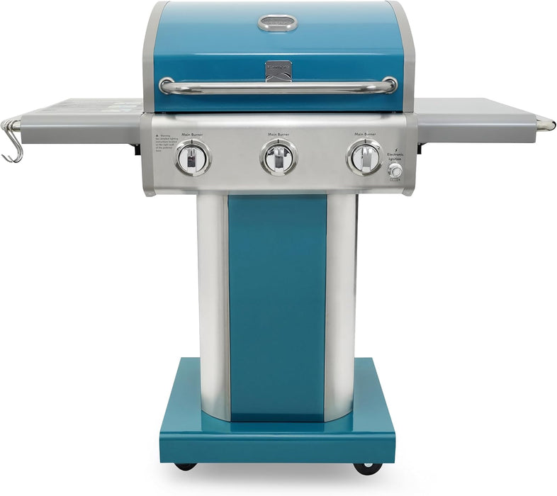 3-Burner Propane BBQ Grill, 30,000 Btus Gas Grill with Cast Iron Cooking Grates, Folding Side Tables & Wheels, Outdoor Grill with Tool Hooks, Teal