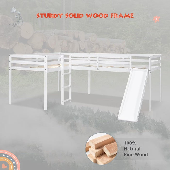 Wooden Twin Size Double Loft Bed with Slide and Ladder, L-Shaped Bed Frame with Full-Length Guardrail, Wood Bedframe for Kids Teens Adults Bedroom, 2 Twin Beds,White