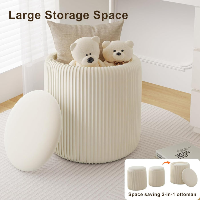Round Ottoman with Storage Set of 2, White Vanity Stool, Upholstered Velvet Storage Ottomans, Makeup Chair Seat for Bedroom, Small Pouf Footstool for Living Room