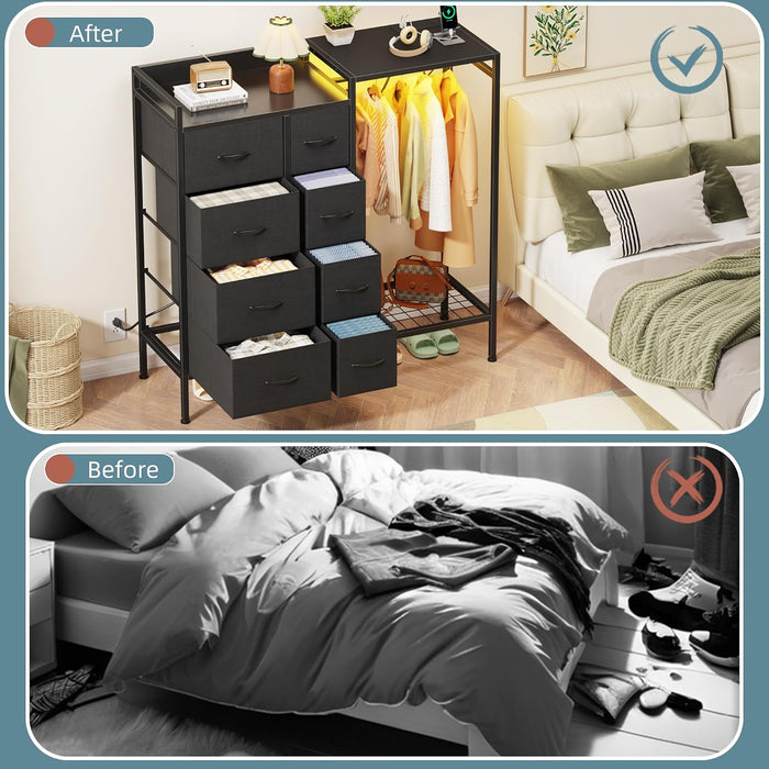 8-Drawer Dresser with Hanging Rack for Bedroom, Black, 11.8" D