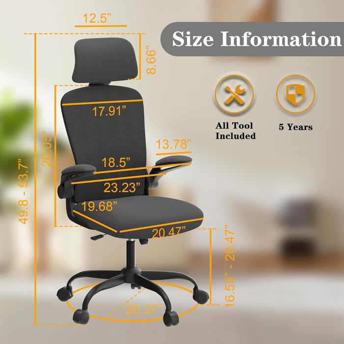 Ergonomic Mesh Office Chair, High Back Computer Desk Chair with Adjustable Lumbar Support & Headrest, Swivel Task Chair with Flip-Up Armrests for Home & Office (English, Dark Grey)