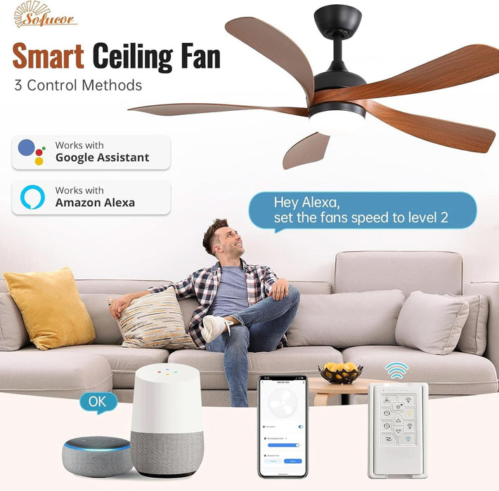 52 Inch Smart Ceiling Fan with Light, Modern Ceiling Fan with Dimmable Memory LED, Compatible with Alexa/Google/App, 6 Speeds 5000CFM, Timer Quiet Reversible DC Motor, ABS, FCC/ETL, Brown