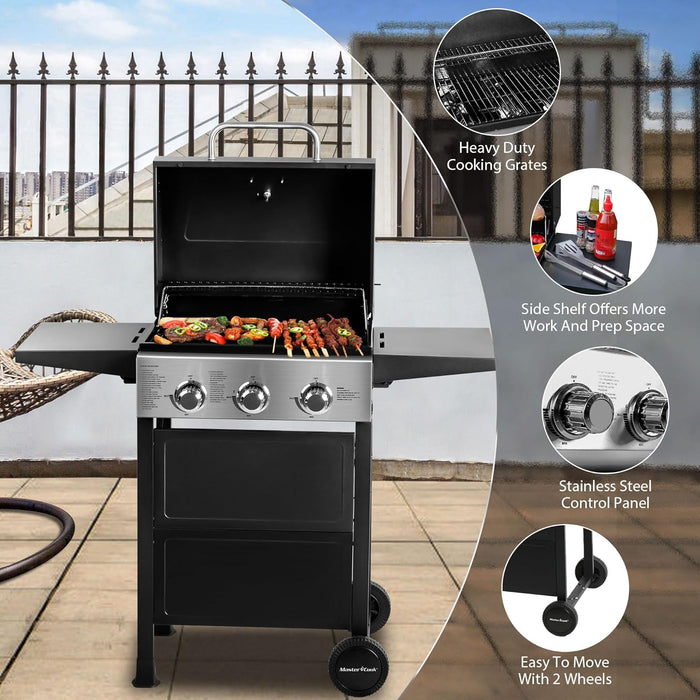 3 Burner BBQ Propane Gas Grill, Stainless Steel 30,000 BTU Patio Garden Barbecue Grill with Two Foldable Shelves