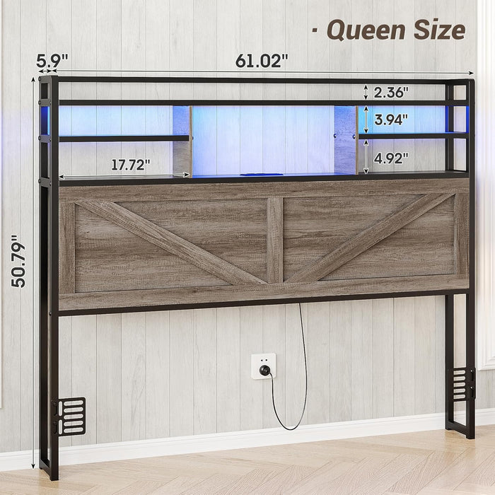 Headboard for Queen Size Bed with Storage, Headboards with Power Outlets and RGB LED Light, Sturdy Queen Size Headboard, Stable Head Board with Bed Adapter for Bedroom/Dorm/Guest Room