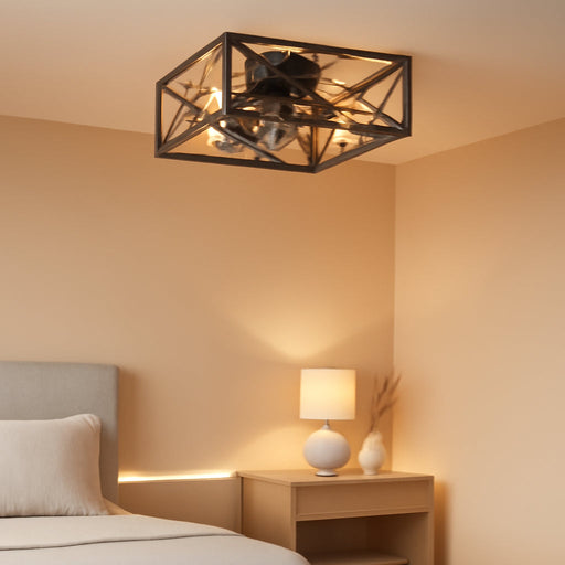 Caged Flush Mount Ceiling Fans with Lights and Remote, Black Square Rustic Low Profile Ceiling Fan, 6 Speed and Reversible, Small Farmhouse Bladeless Ceiling Fan for Bedroom, Kitchen, Indoor