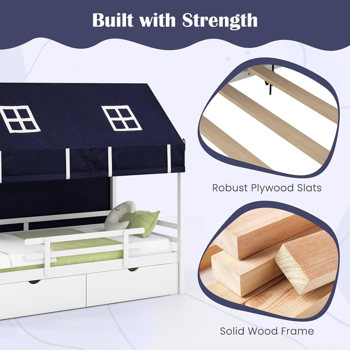 White Twin Montessori House Bed Frame With Drawers