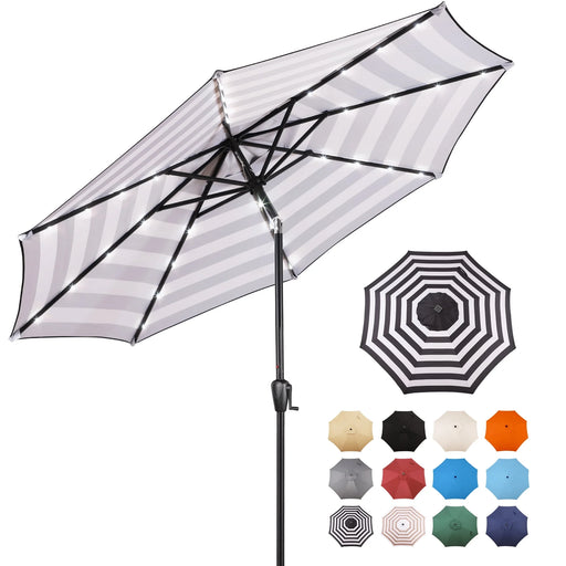 9 FT 32 LED Patio Solar Umbrella W/ Push Button Tilt and Crank Outdoor Umbrella, 8 Sturdy Ribs, UV Protection, Solution-Dyed Fabric, Creamy Beige