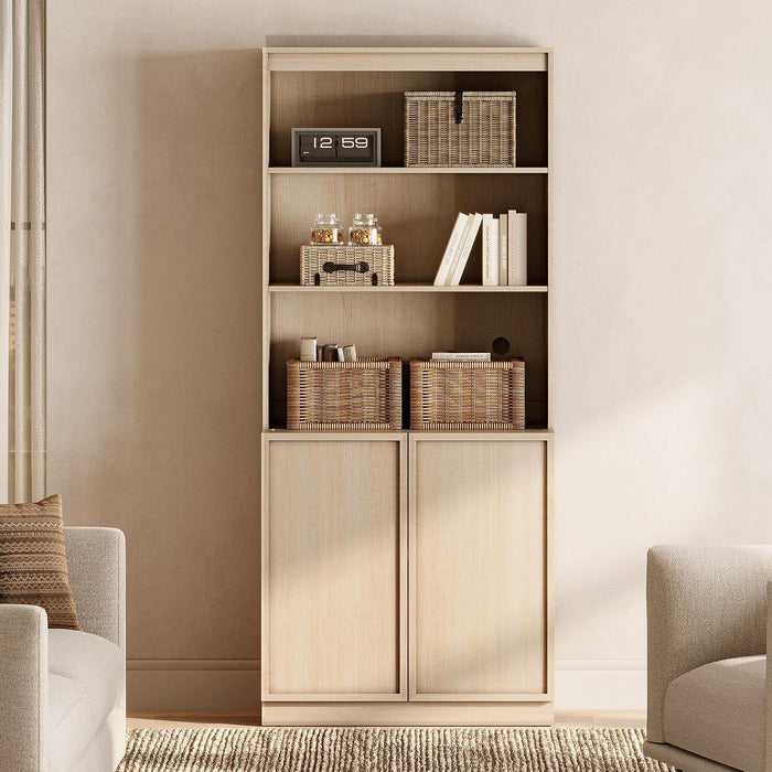 Modern 72" Tall Bookshelf with Doors and Adjustable Shelves, Library Bookcase with Storage Cabinet and Open Book Shelfs, Wood Book Shelf for Home Office, Living Room, Beige, 1 PC