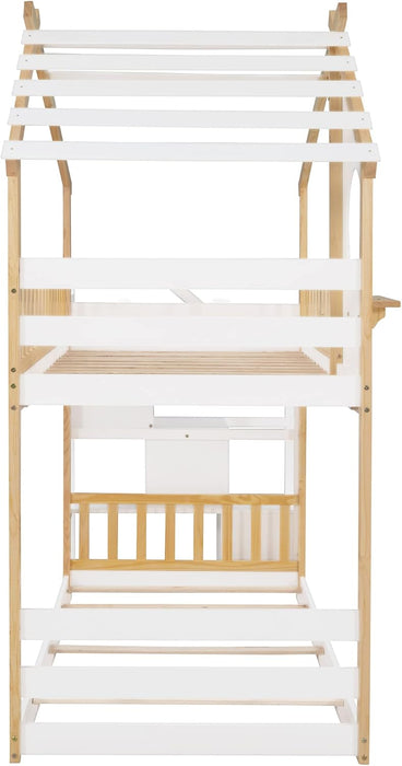 Twin over Twin House Bunk Bed with Storage Stairs, Wood Playhouse Bunk Bed Frame with Stairway and Guardrail for Kids Girls Boys, Natural+White