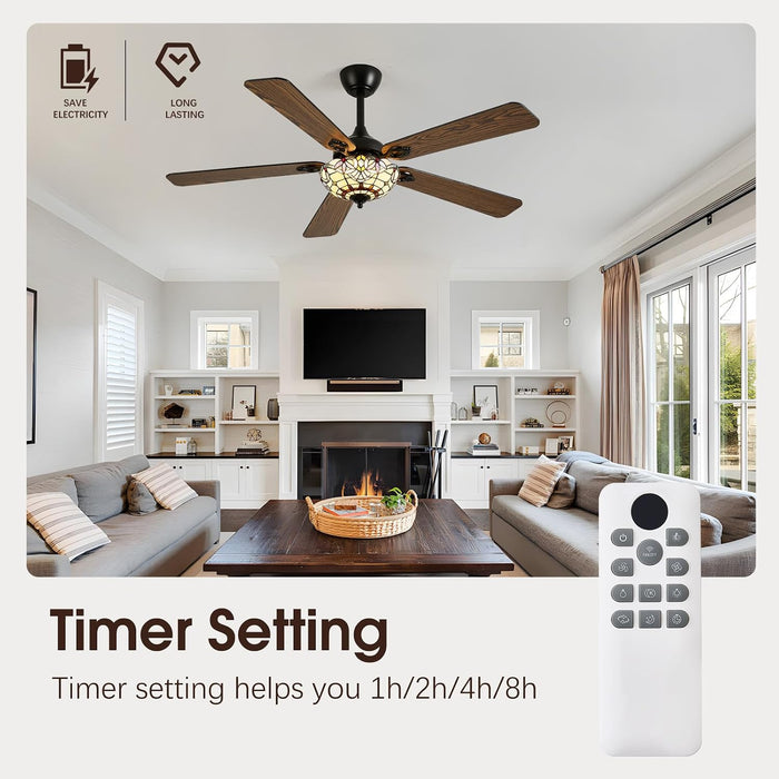 52" Tiffany Style Ceiling Fans with Lights, Red Dot, Black