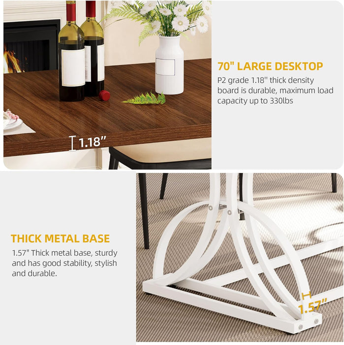 70.3" Large Modern Dining Table for 6-8 People, Rectangular Walnut Kitchen Dining Room Table with Thick Tabletop and White Geometric Metal Legs, Farmhouse Wood Dinner Tables