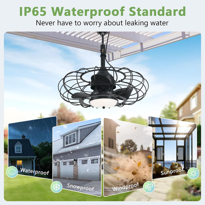 20" Black Outdoor Ceiling Fan with Light and Remote/App,3Cct 6 Speed Gazebo Fan Outdoor Hanging Hook,Ip65 Waterproof Plug in Ceiling Fan for Patios, Garage, Porch, Pergola,Canopy