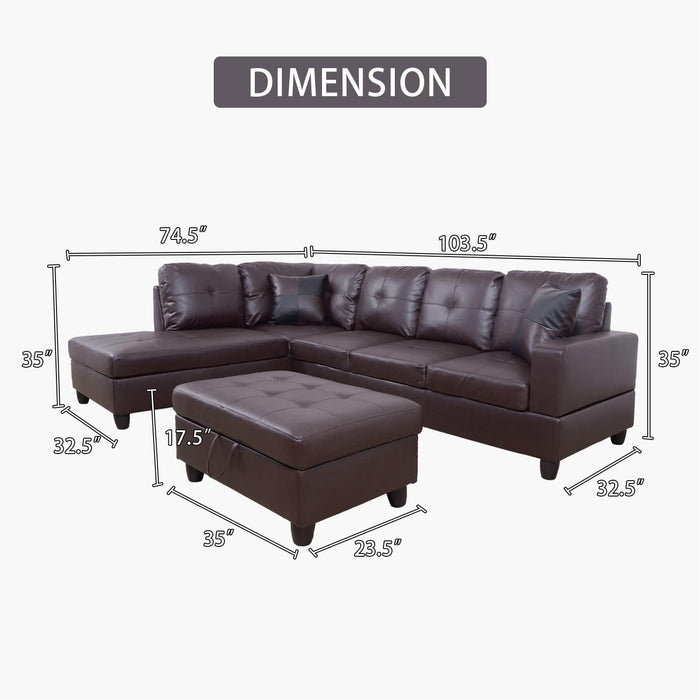 Ponliving Furniture Modern L-Shaped Leather Sectional Sofa Left Hand Facing (Brown)