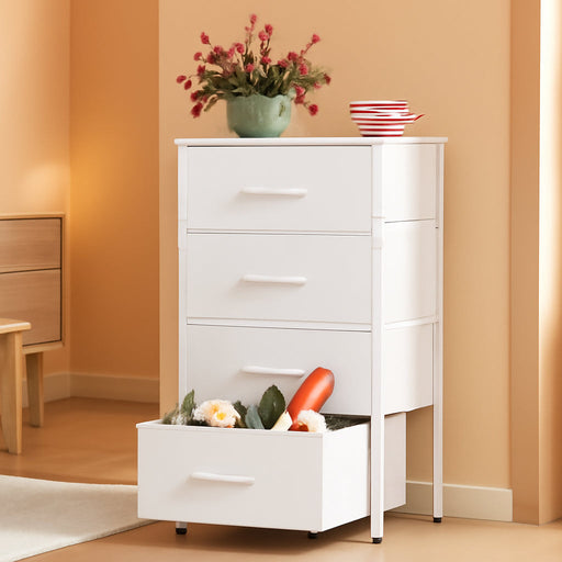 Dresser with 4 Drawers, Storage Tower, Organizer Unit, Fabric Dresser for Bedroom, Hallway, Entryway, Closets, Sturdy Steel Frame, Wood Top, Easy Pull Handle, White