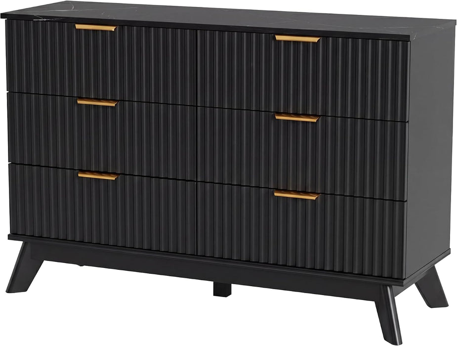 Fluted Dresser for Bedroom, 47.2" Wide Chest of 6 Drawers, Black