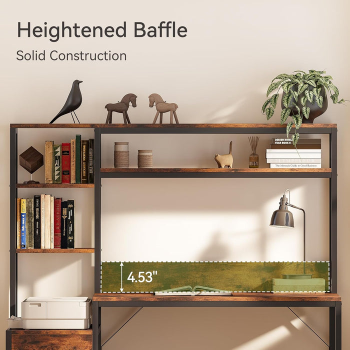 Computer Desk with Drawers and Hutch, 55" Gaming Desk with Storage Shelves, Modern Wooden Study Writing Desk for Bedroom Home Office, Brown