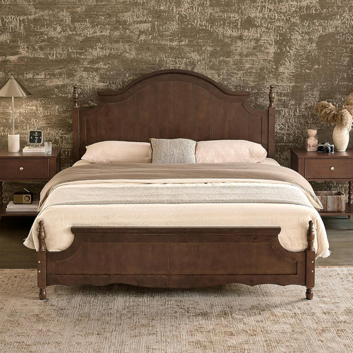 California King Solid Wood Bed Frame with 55" Arched Headboard, Traditional Poster Bed with 12 Wooden Slat Base, No Box Spring Needed/Noise Free& Non Slip/Easy Assembly, Dark Walnut