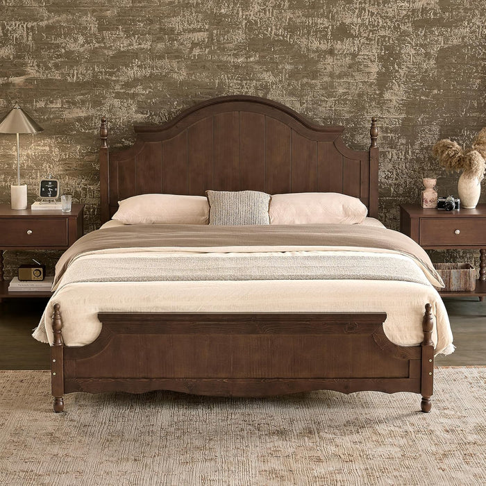 California King Solid Wood Bed Frame with 55" Arched Headboard, Traditional Poster Bed with 12 Wooden Slat Base, No Box Spring Needed/Noise Free& Non Slip/Easy Assembly, Dark Walnut