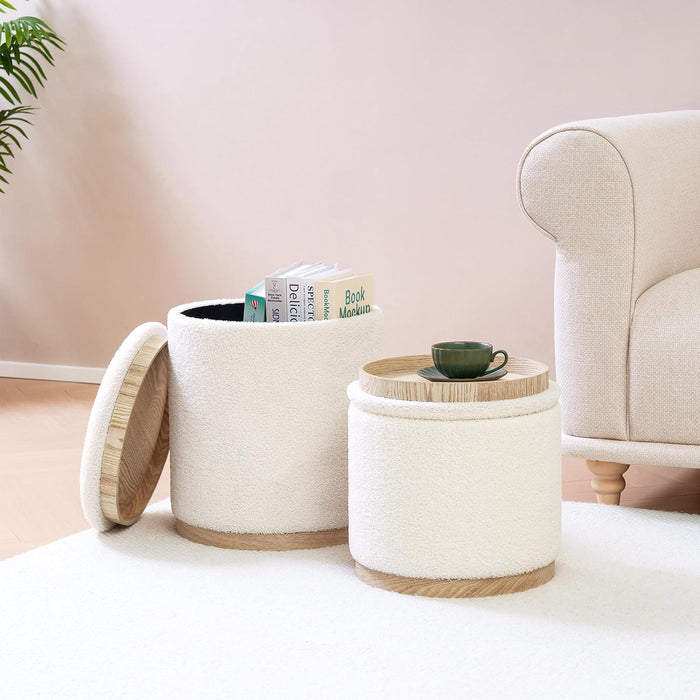 round Ottoman with Storage Set of 2, Vanity Stool with Tray Storage for Bedroom, Small Teddy Velvet Foot Rest Stool Ottoman for Living Room, Dorm (White)
