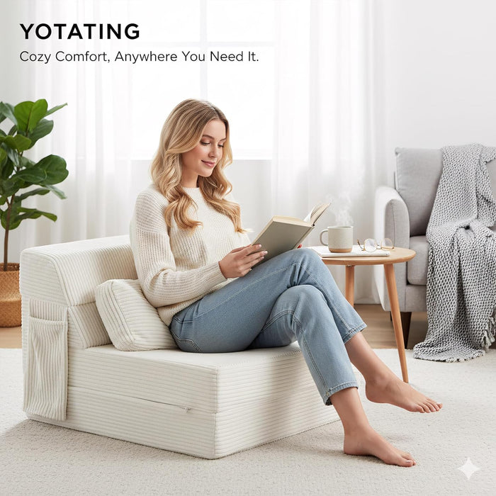 Beige Upholstered Folding Sofa Bed Convertible Floor