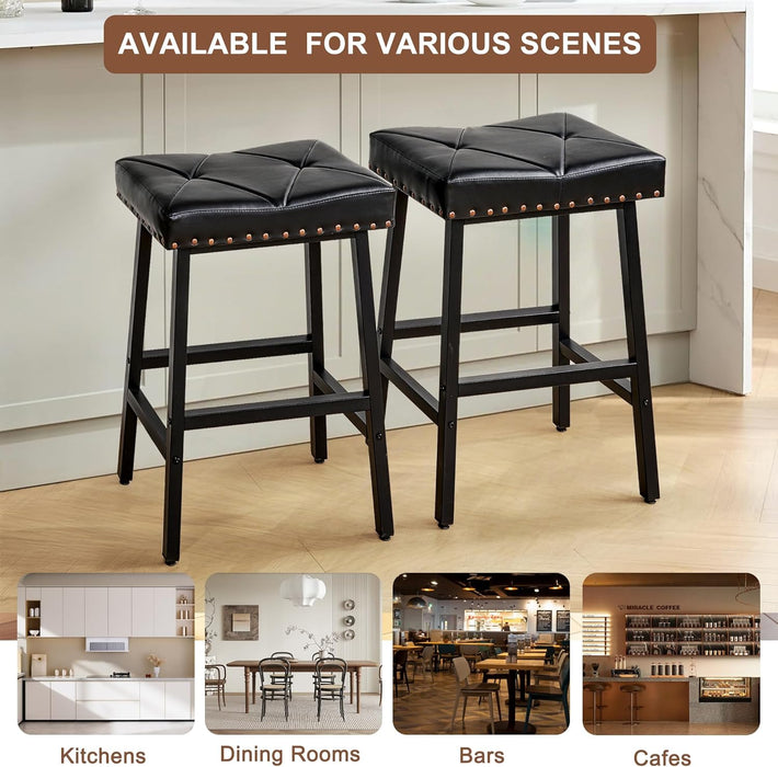 25 Inch Counter Height Stools for Kitchen Island, Bar Stools Set of 2, Kitchen Stools with 3.3'' Thick PU Upholstered Saddle Seats, Backless Barstools Bar Chairs with Metal Base, Black