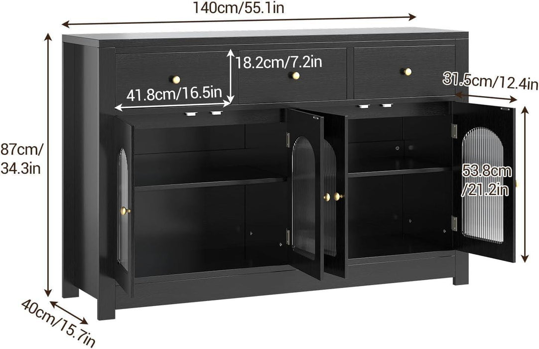 55'' Large Sideboard Buffet Cabinet with Storage, Farmhouse Wood Coffee Bar with Drawers, Narrow Kitchen Buffet Storage Cabinet for Living Room Dining Room (Black)