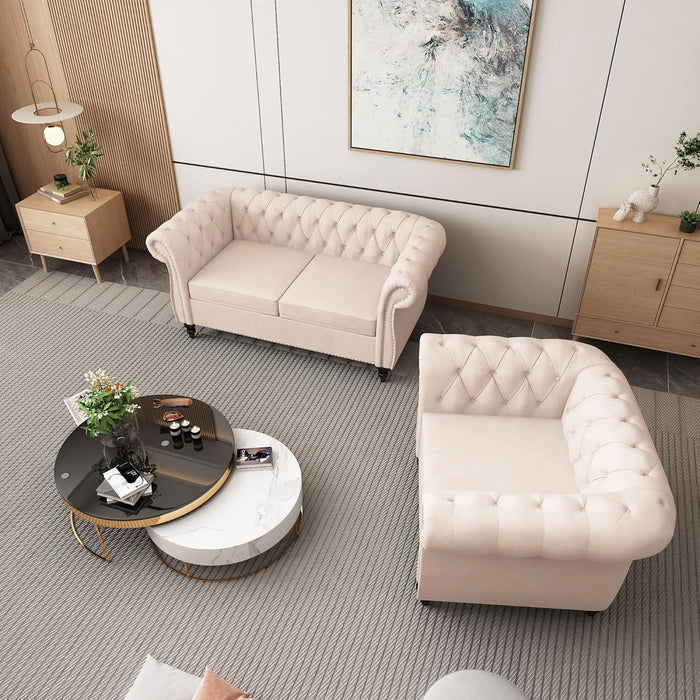 2 Piece Living Room Set, Chesterfield Velvet Sofa Loveseat Couch Chair with Scroll Arms and Nailhead for Living Room, Office (Beige, 1-2)