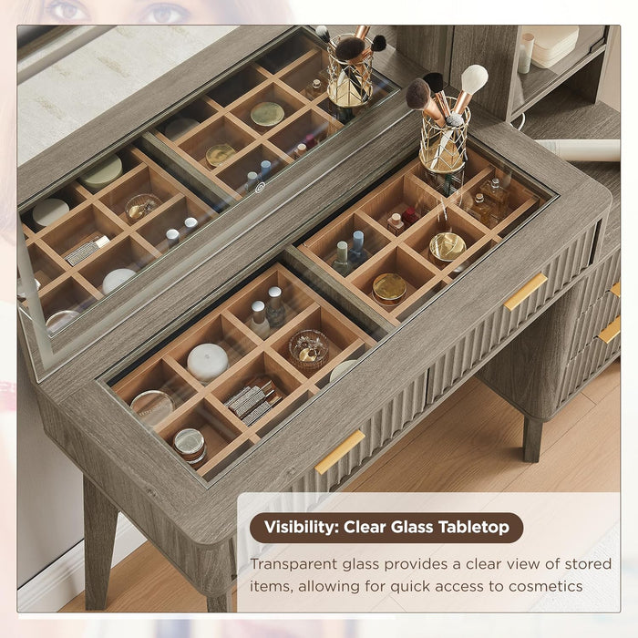 48" Fluted Makeup Vanity Desk with Large 36" Mirror and Lights, Modern Glass Top Big Vanity Table W/5 Drawers & Adjustable Shelves, Dressing Table W/Charging Station for Bedroom, Grey Alder