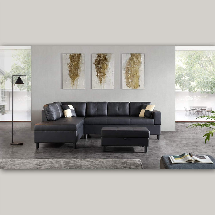 Sectional Sofa, L-Shape Faux Leather Sectional Sofa Couch Set with Chaise, Ottoman, 2 Toss Pillow Using for Living Room Furniture.（Black）