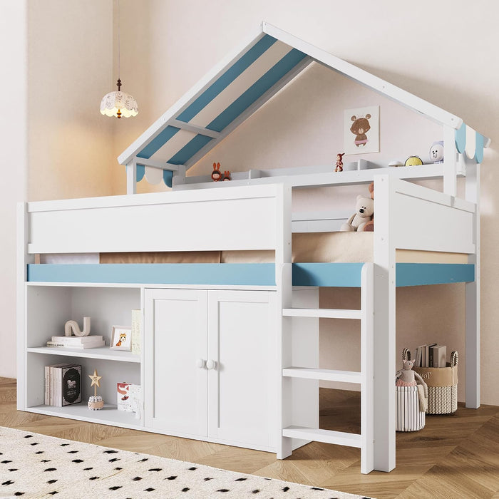 WhiteBlue Full Size Loft Bed WithIntegratedStorage