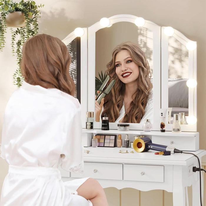 White Makeup Vanity with Lights & Charging Station, Vanity Desk with Mirror and 3 Colors of Lighting Effects, Vanity Table with Tri-Fold Mirror & Necklace Hooks, Makeup Table with Stool
