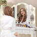 White Makeup Vanity with Lights & Charging Station, Vanity Desk with Mirror and 3 Colors of Lighting Effects, Vanity Table with Tri-Fold Mirror & Necklace Hooks, Makeup Table with Stool